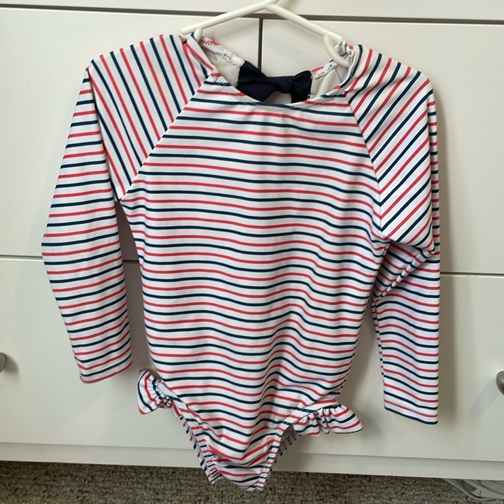 Minnow Swim Girls Rashgaurd One Piece in red white and blue stripe - size 3/4T